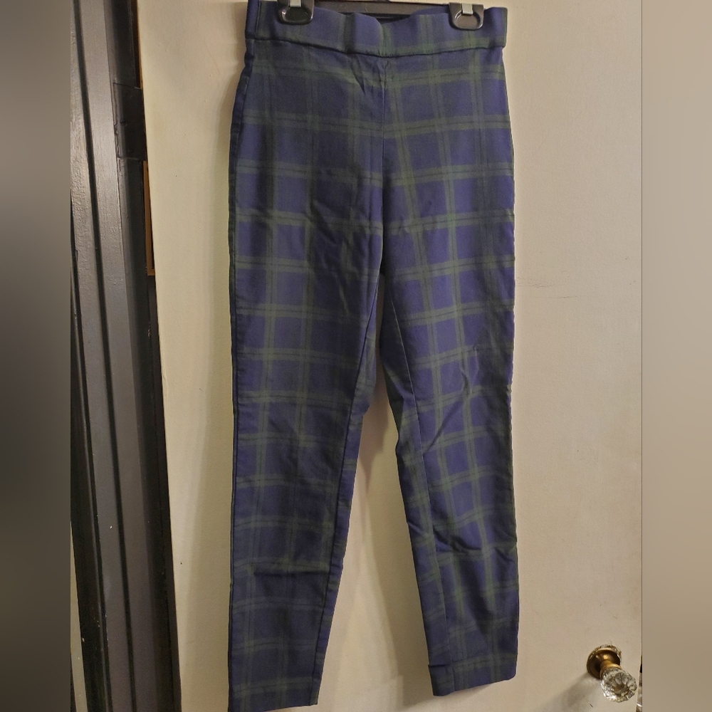 green and navy blue plaid check tartan jeans
